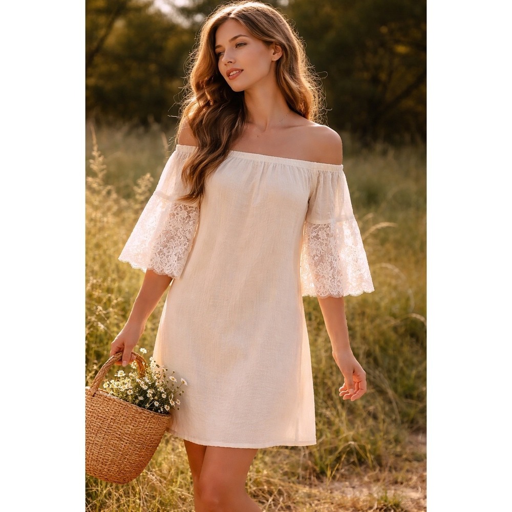 Romantic Cottagecore Lace Peasant Dress Off Shoulder Prairie Coquette Cream XL